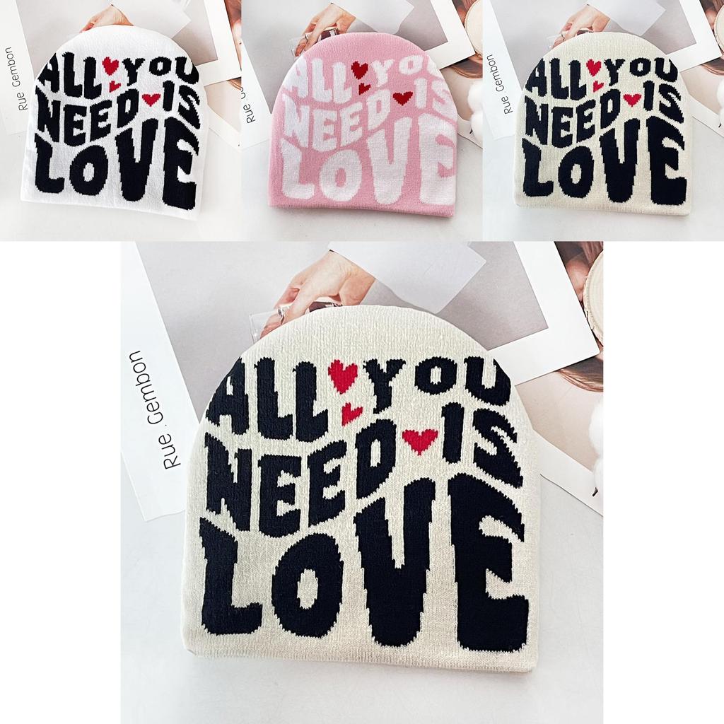 Simple Color Blocked Letter Heart Pattern Women Casual Warm Knitted Hat For Urban Outdoor Use