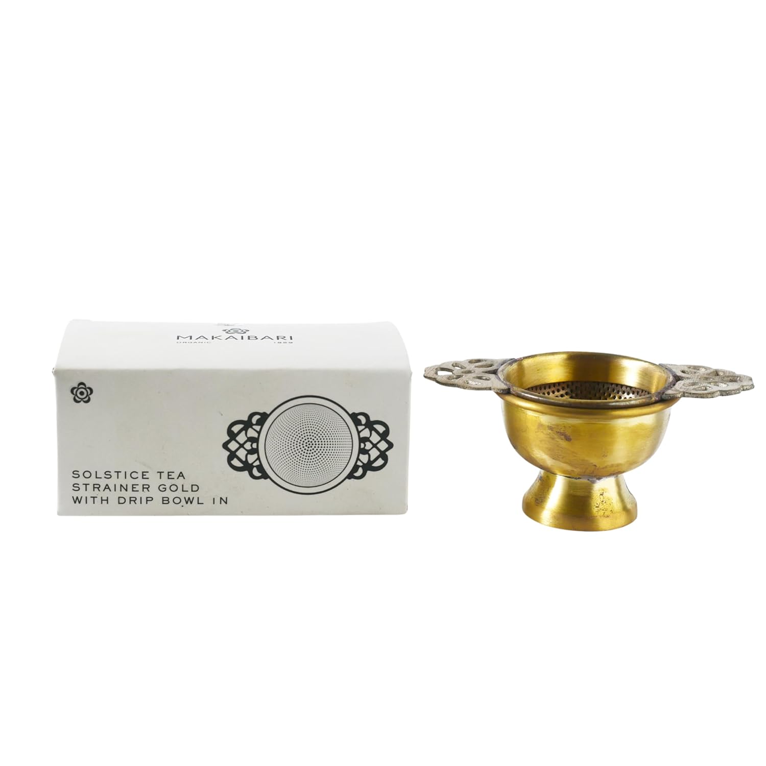 

Makaibari Tea Strainer Gold with Drip Bowl | Premium Brass | Perfect for Long Leaf Teas