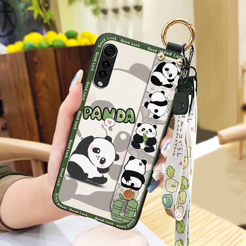 Shockproof Wrist Strap Phone Case For LG Velvet 4G/5G Silicone Soft case Durable Kickstand Cartoon Lanyard Panda Ring