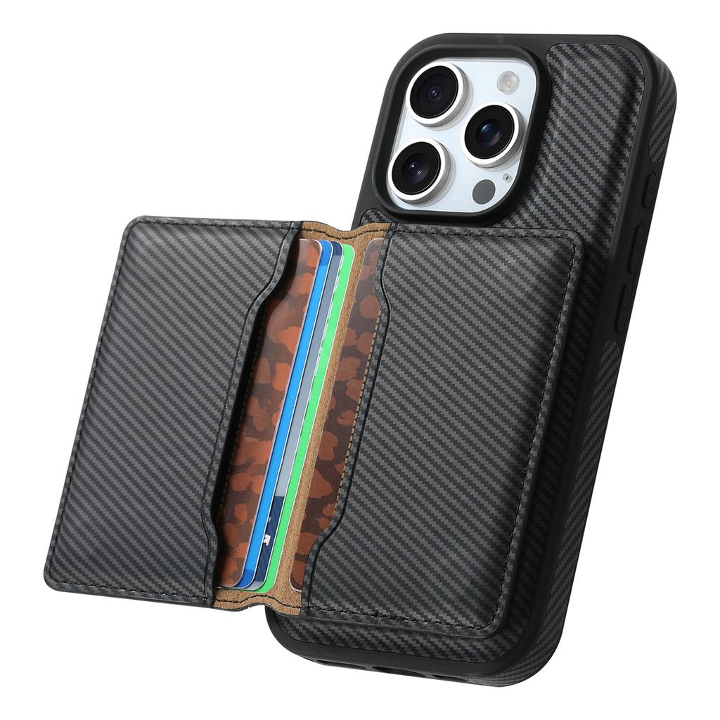 DENIOR For iPhone 16 Pro Max Magnetic Case Carbon Fiber Texture Leather Back Cover with Detachable Card Bag