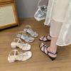 Women's sandals 2025 new French temperament with skirt silver one-word buckle with square head open-toed high heels