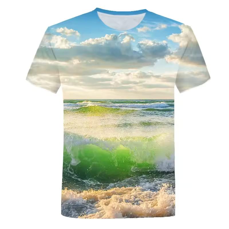 3D Printed Seaside Scenery T-Shirt Men Ocean Beach Pattern Tees Summer Harajuku Loose Round Neck Tops Short Sleeves T Shirts