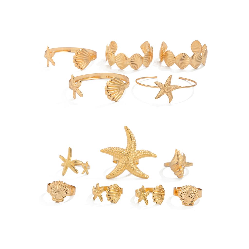 Ingemark 12Pcs/Set Punk Starfish Scallop Open Cuff Bangles Adjustable Rings for Women Boho  Armband Bracelets Summer Jewelry Set