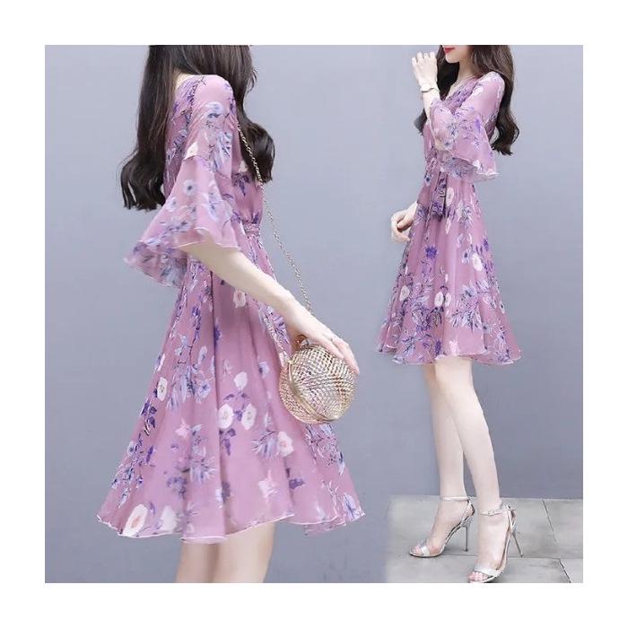 2025 Summer Women's Slim Waist Midi Floral Dress