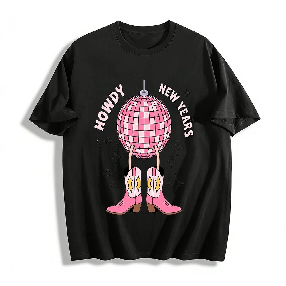 Howdy New Year Pink Disco Ball Cowboy Boots Graphic Top Pure cotton T-shirt XXS
