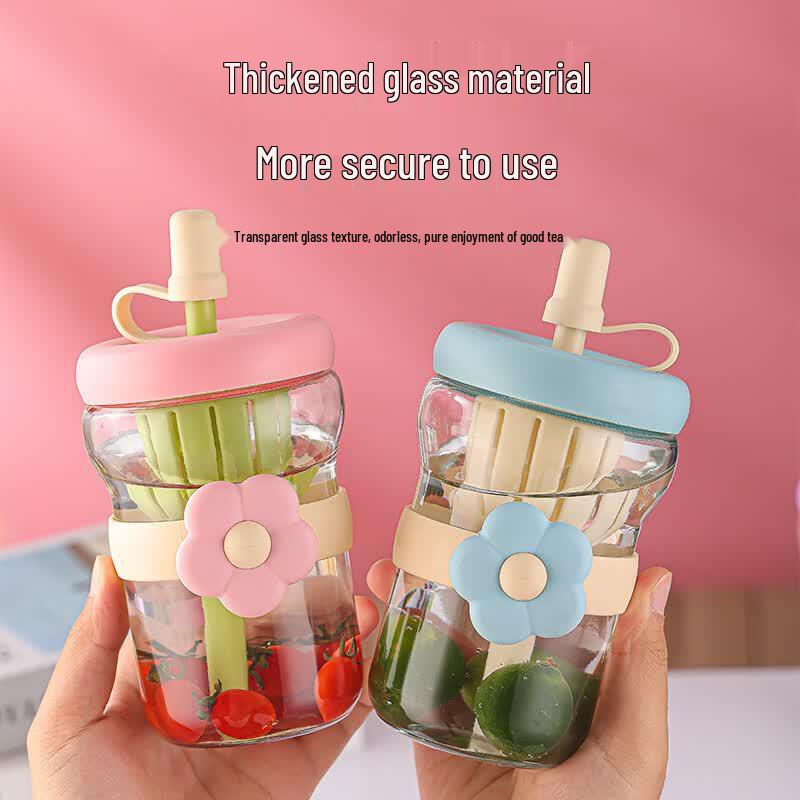 BOLIDOMI Glass Flower Tea Infuser Straw Drinking Cup
