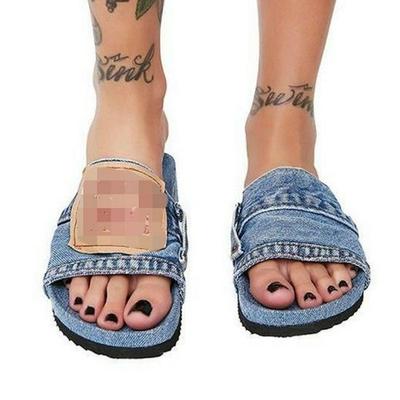 Plus Size Denim Slippers 2021: Women's Solid Color Single Strap Flat Sandals for Summer.