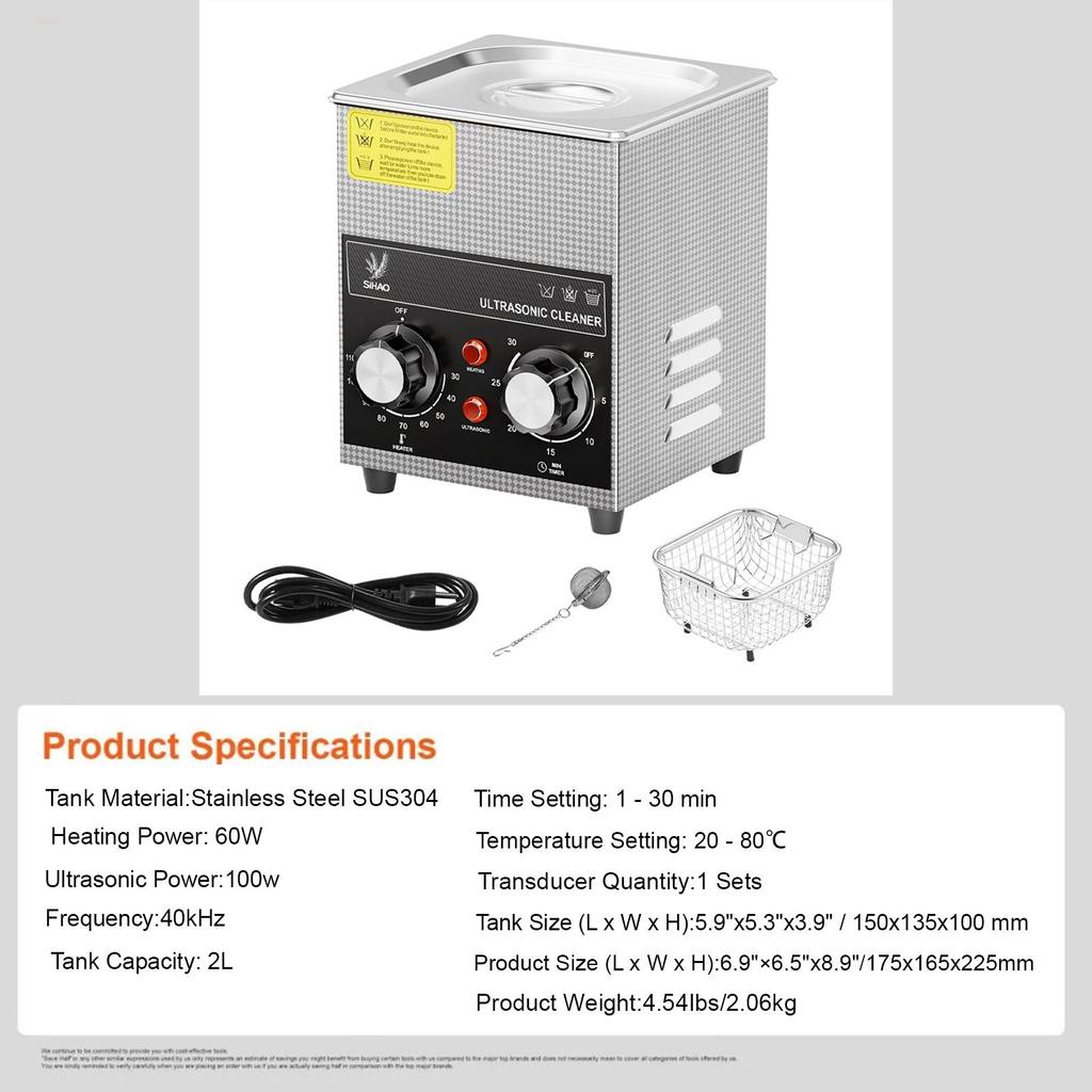Pulitore Ultrasuoni 2-30L 40KHz con Riscaldatore Timer per Pulizia Gioielli Controllo a Manopola Occhiali Anelli Protesi Denti Strumenti Musicali