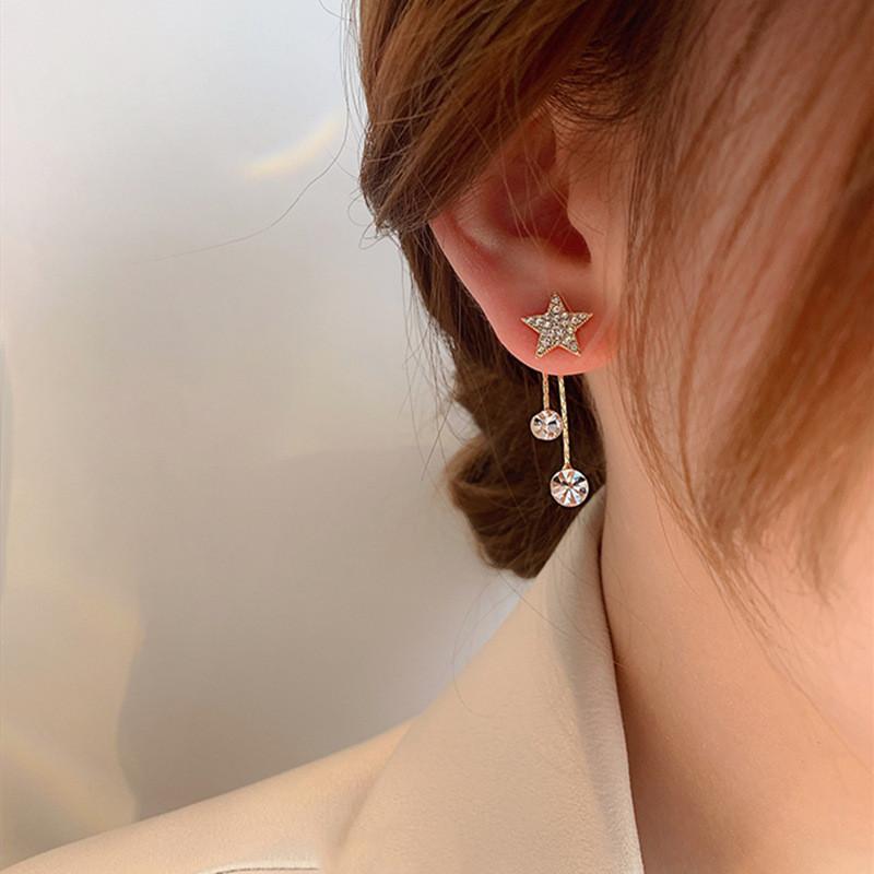 South Korea Dongdaemun New 111 Silver Needle Diamond-encrusted Five-pointed Star Earrings Women's Flash Diamond Fringed Bow Stud Earrings