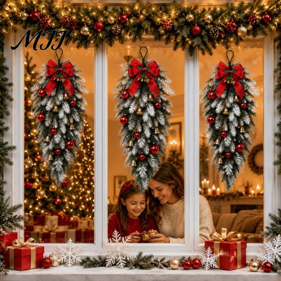 Faux Botanicals for Office Table Teardrop Swag with Red Bow Bells Ornaments, Frosted Artificial Pine Hanging Fake Floral Arrangements Home Decor