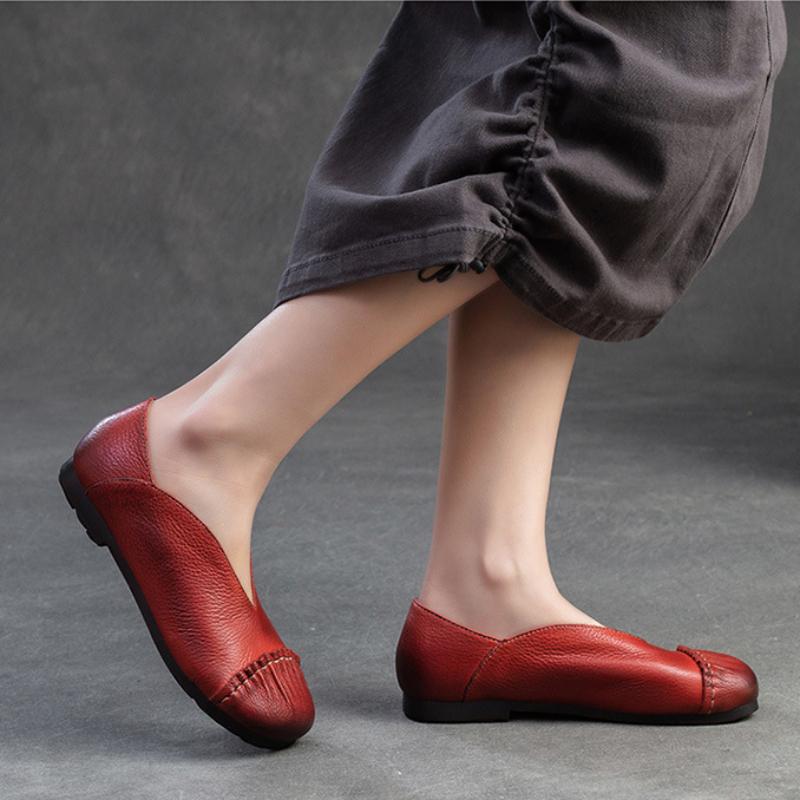 Johnature Zapatos planos retro de cuero genuino con punta redonda, suela suave, zapatos informales sin cordones de Color sólido para mujer
