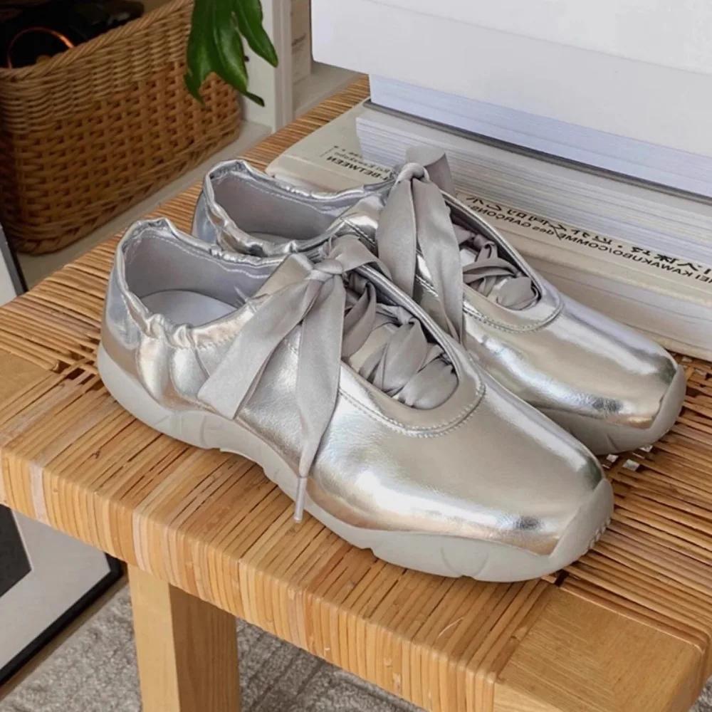 Luxury Shoes Women Fashion Trend New Versatile Silver Strap Ballet Shoes Woman Casual Sports Shoes Flat Bottomed Sneakers Women