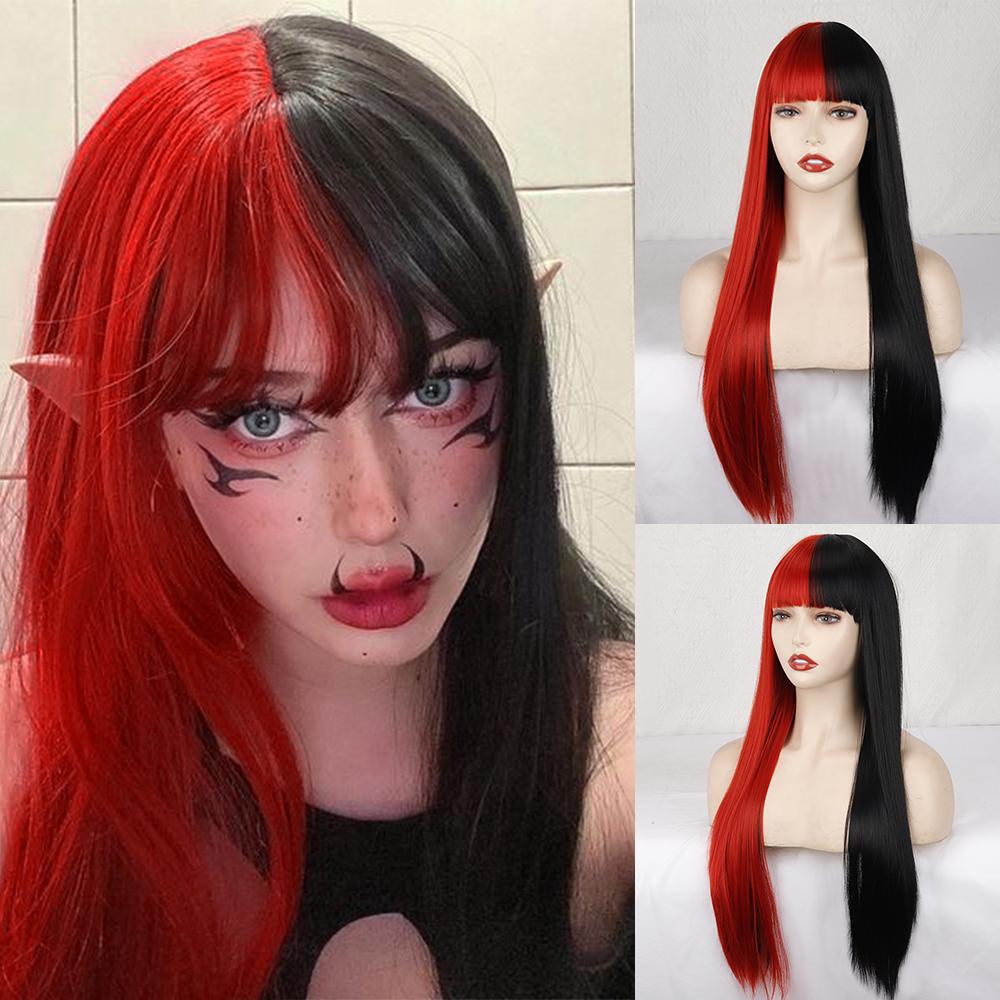 

Синтетический длинный прямой парик наполовину черный, наполовину красный с челкой, наращивание, волоконный парик для женщин, для косплея, для вечеринок 60cm