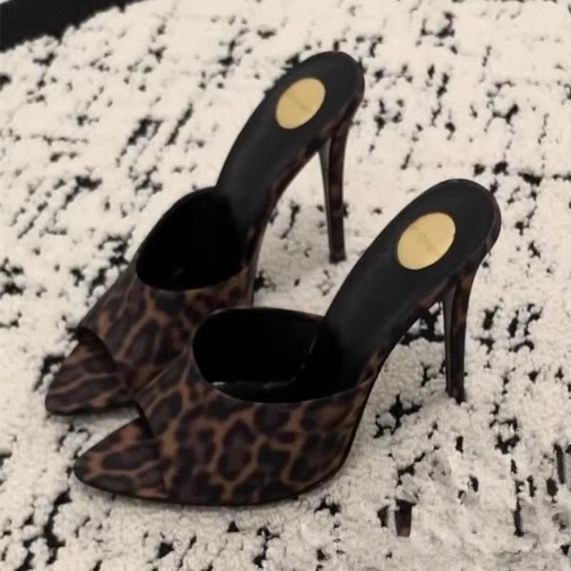 Fashion Spring/Summer 2025 Leopard Print Pointed-Toe High Heels, Women'S Thin Heels, Open-Toe Fish-Mouth Sandals, Muller Slippers