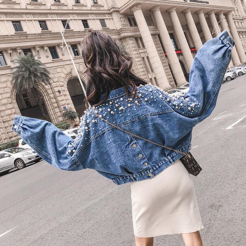 Women Jean Jacket Pearls Beading Spring Autumn Long Sleeve Pockets Denim Jackets Women Loose Outwear Female