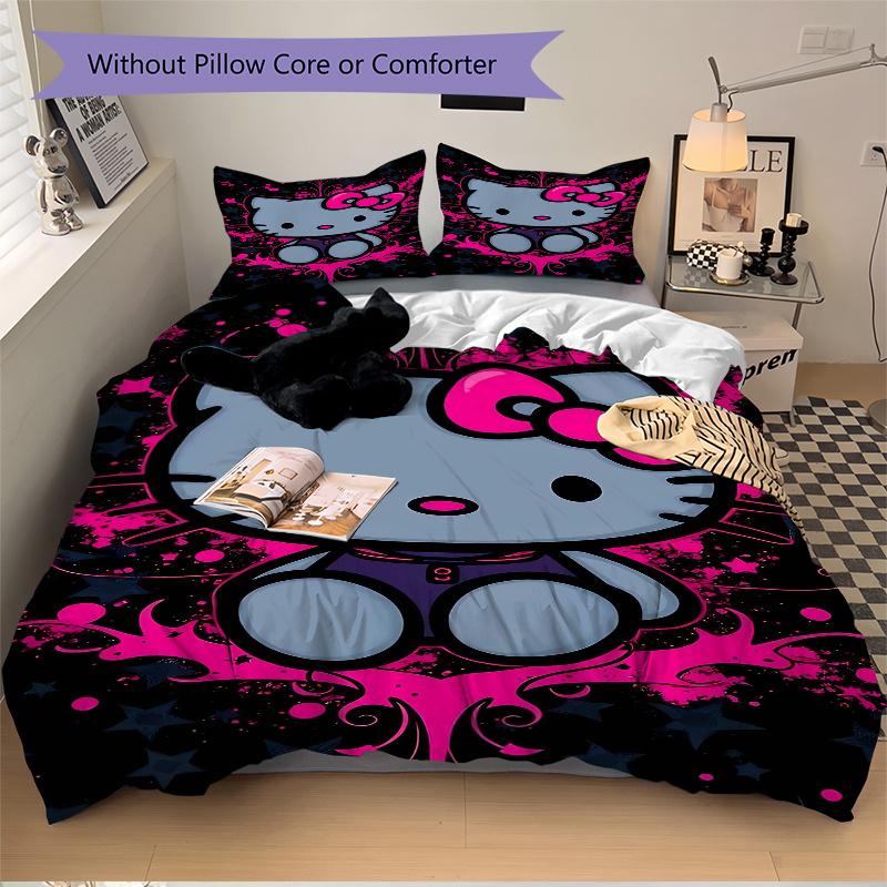 3pcs Cute and Fashion Hello Kitty Bedding Set Includes Quilt Cover and Pillowcases, Suitable for All Seasons, Machine Washable Ideal Gift S009