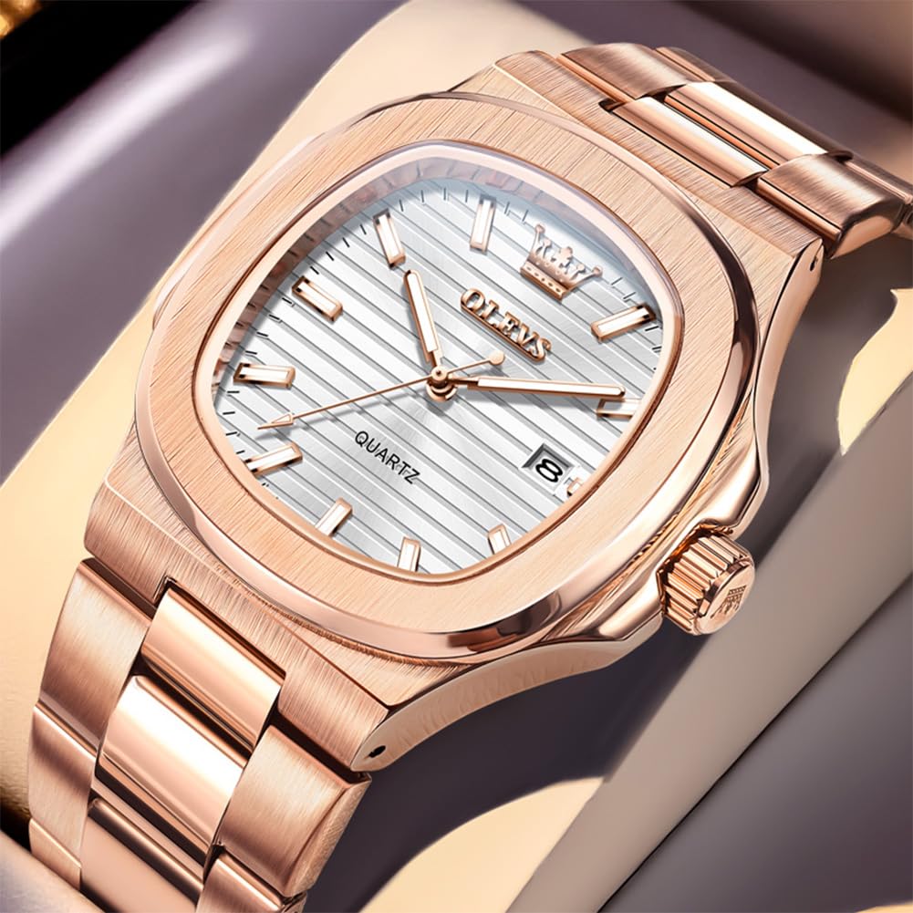 OLEVS Quartz Navy Stainless Date Stylish Brand Watch in Rose Gold White Men's Watch, Design, Steel, Waterproof, Display, Calendar, Luminous, Popular,