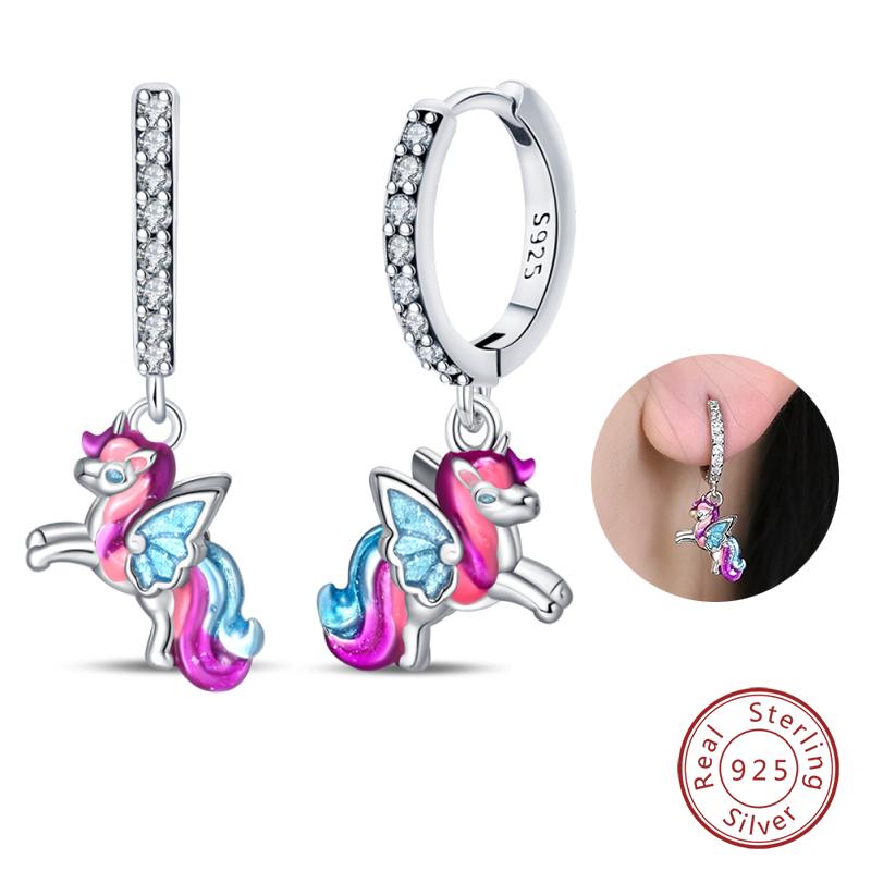 100% 925 Silver Colorful Butterfly Ladybug Rose Bow Pendant Earrings For Women Fashion Anniversary Party Jewelry Gifts