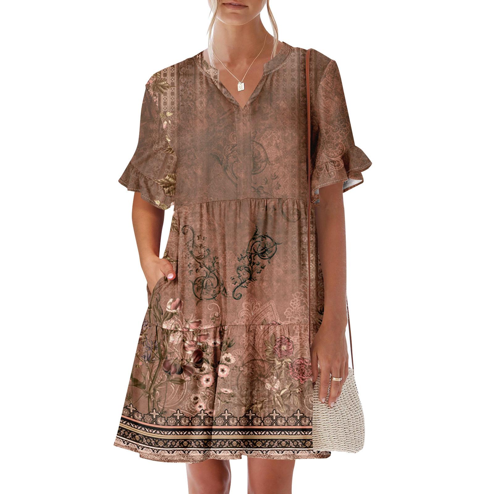 

Женское летнее платье с коротким рукавом и V-образным вырезом, короткие платья, модное повседневное струящееся платье в стиле бохо с оборками и карманами XXL