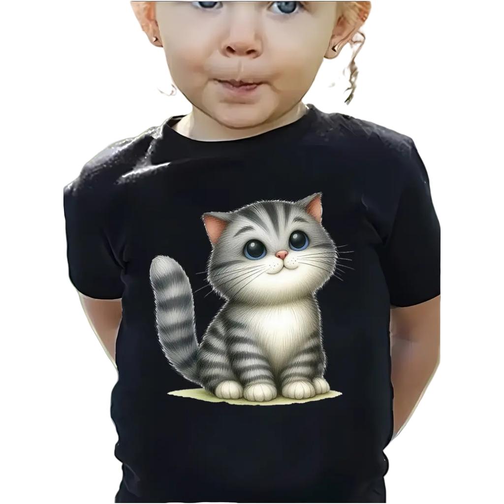 Tecknad Kattflicka T-shirt Kortärmad T-shirts Flickkläder Rundhalsad Topp Mode Juniorflickors Kläder Söta Utomhus Barn T-shirts