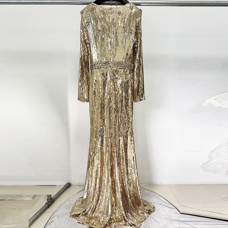 Luxury Gold Sequin Evening Gown with Heavy Beading and Rhinestones - 2026 European & American Celebrity Style