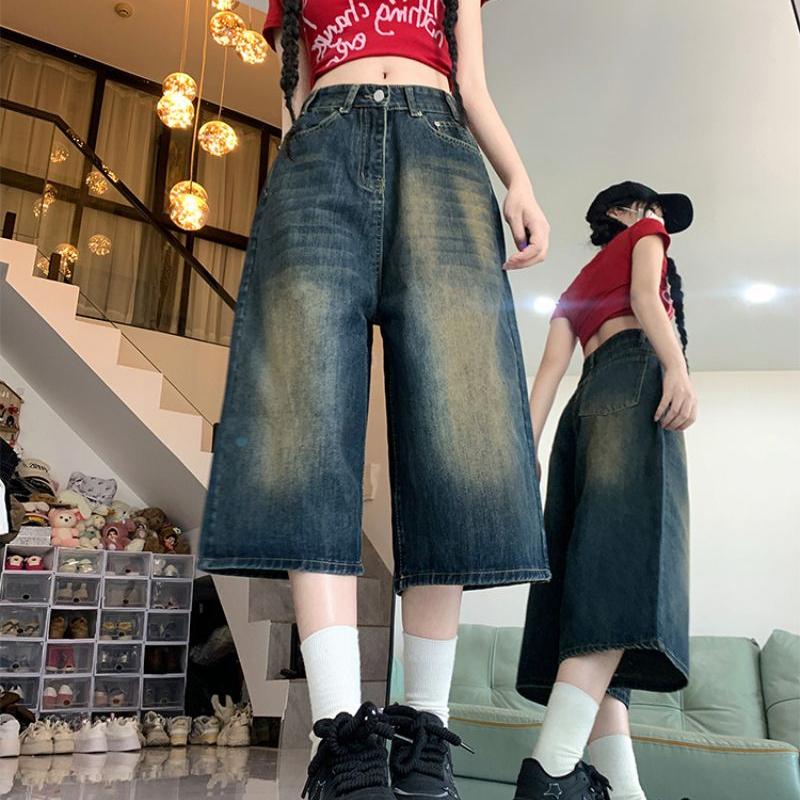 High Street Vintage Wide-Leg 7/10 Denim Capri Pants for Women Summer High-Waist Plus Size  Slimming Loose Straight Short Trousers