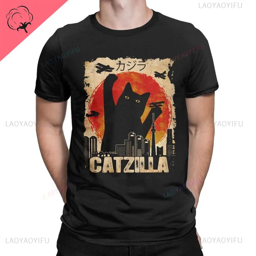 Vtipné Catzilla Japonsko Kočka Kotě Milovník Pánské Tričko Pánské Ležérní Trička Léto Hombre Nadměrné Tričko Harajuku Tričko Pánské Oblečení