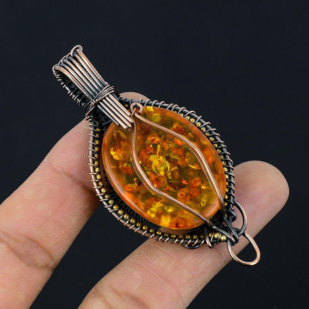 Baltic Amber Pendant, 999 Copper Wire Wrapped Gemstone Jewelry, Handmade Pendant For Mother Day