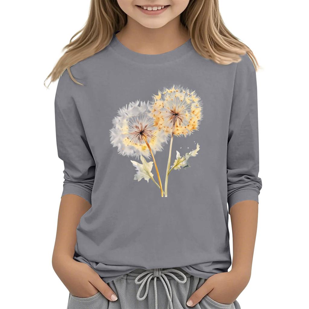 Children's 3/4 Sleeve Round Neck Flowers Print Casual Top