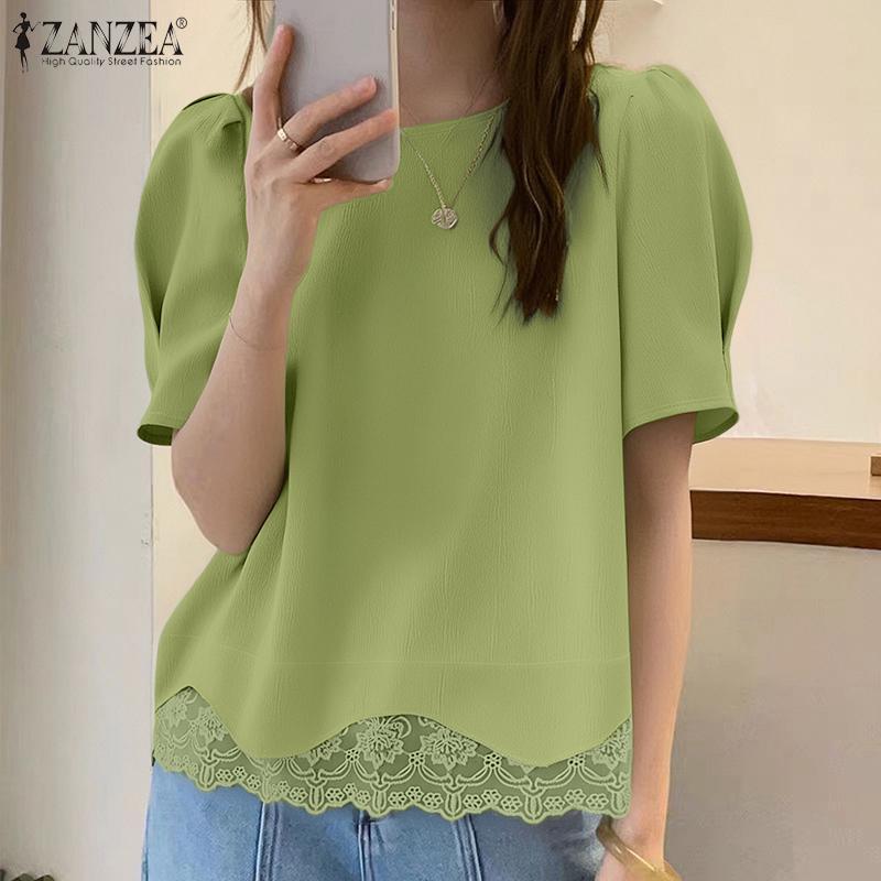 ZANZEA חולצת נשים קז'ואלית עם צווארון עגול ושרוולים קצרים, תחרה מחוברת