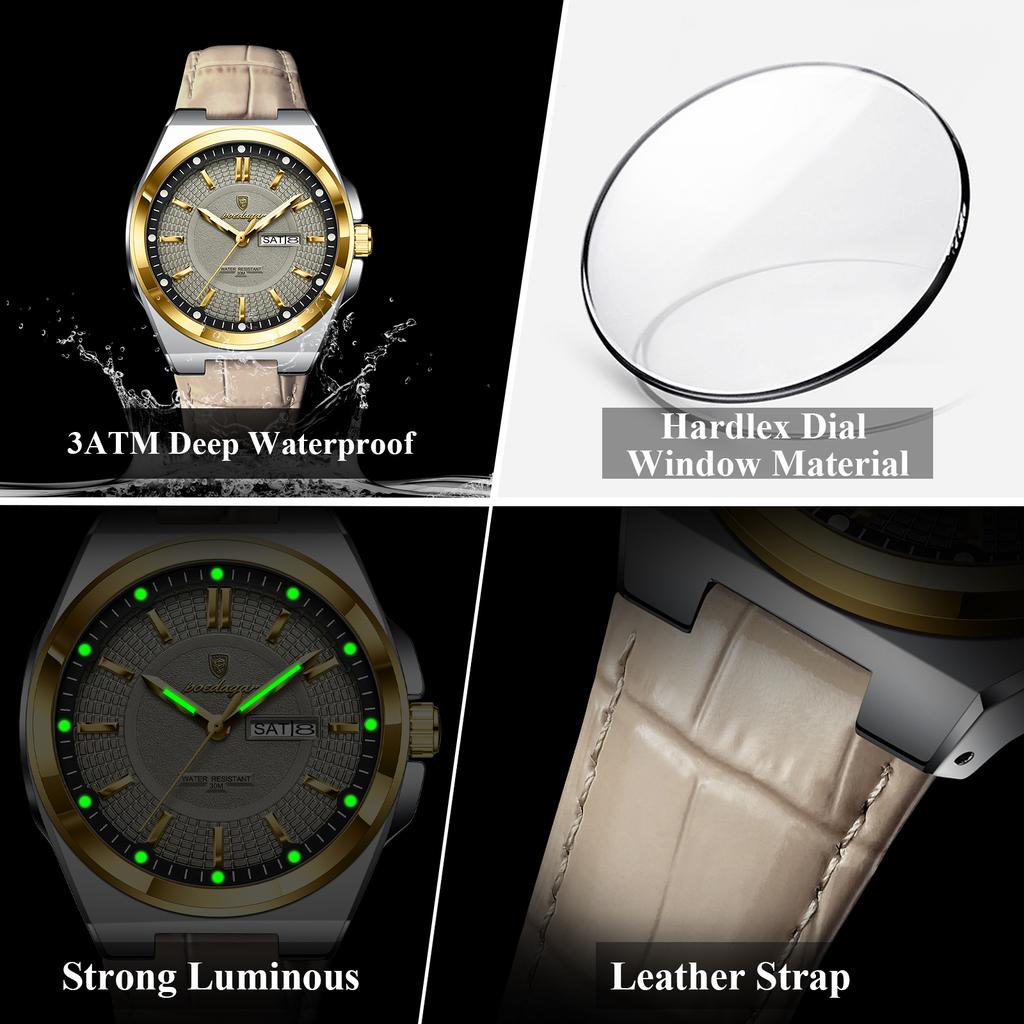 POEDAGAR Luxury Original Man Wristwatch Waterproof Luminous Date Week Quartz Men's Watches High Quality Casual Leather Men Watch