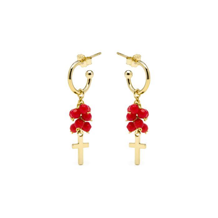 Boucles d'oreilles - LUXENTER - Kyus - Argent 925 - Or jaune 18k - Agate rouge