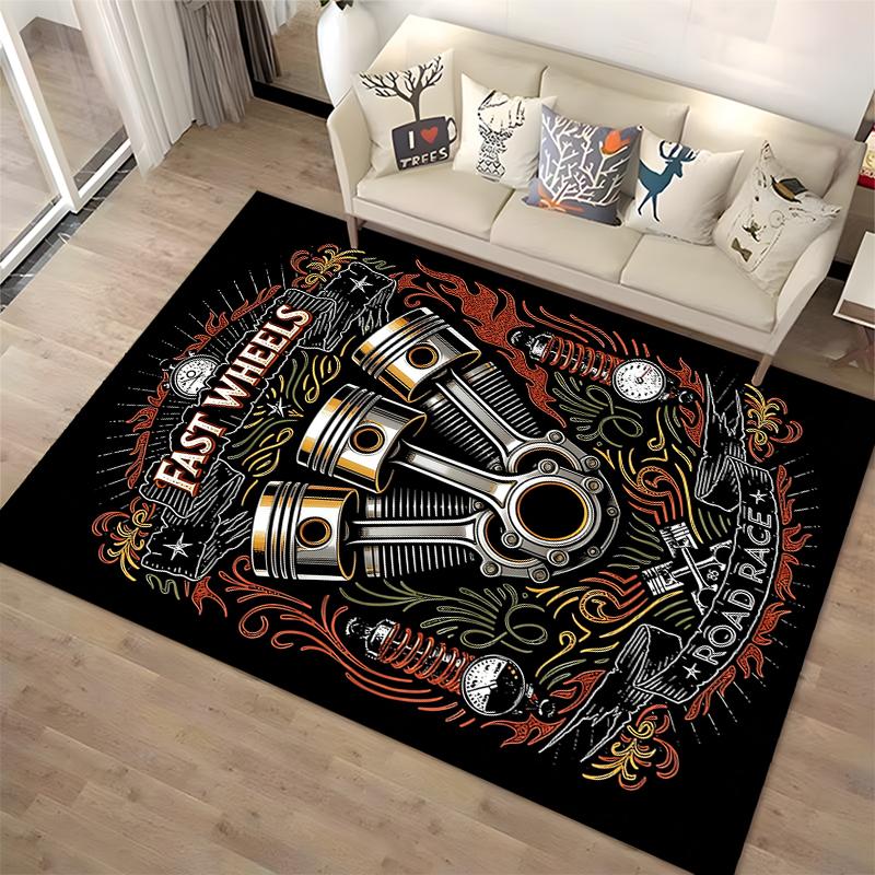 Fast Wheels Printed Carpet with Engine Design and Road Race Theme Suitable for Use As an Anti-slip for Living Room Bedroom Sofas
