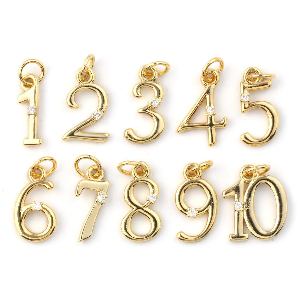 5pcs Brass Charms 18K Gold Plated Number Clear Cubic Zirconia "1-10" Pendants for Man Women Fashion Necklace Jewelry Making