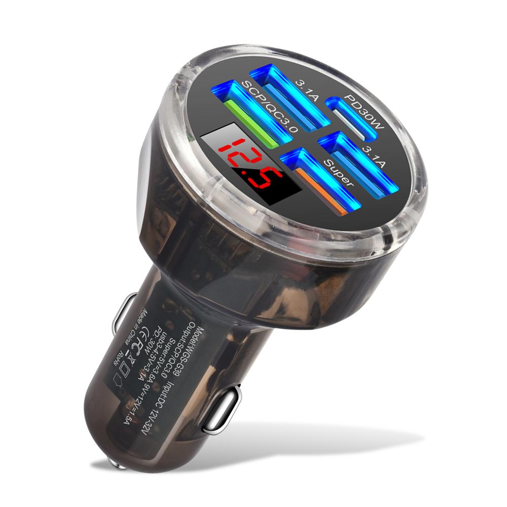 

65W USB Car Charger with Digital Display PD Fast Charging 5 Ports Car Charger For Xiaomi iPhone 15 Samsung Quick Charge Adapter