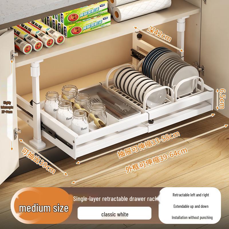 Punch-Free Under-Mount Kitchen Cabinet Pull-Out Dish & Bowl Storage Rack