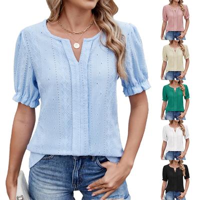 Spring Summer New Women's Solid Color V-neck Loose Puff Sleeve Jacquard T-shirt Top For Cross-border Export
