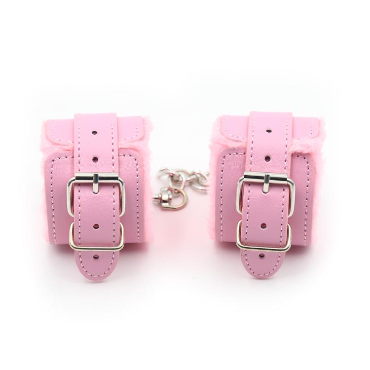 BDSM Bondage Adjustable PU Leather Plush Pink Handcuffs Footcuffs Ankle Cuffs Slave Restraints Sex Adult Flirting Toy for