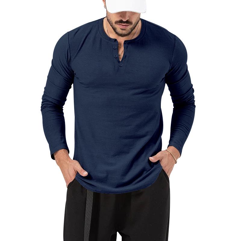 2026 European Men's Solid Color Round Neck Henley T-Shirt Long Sleeve Casual Sports Base Layer