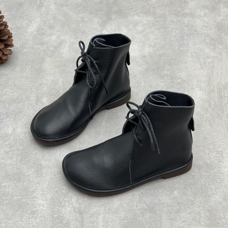 Johnature Retro Genuine Leather Short Boots Casual Round Toe Versatile Solid Color Women's Soft Cowhide Soft Sole Shoes