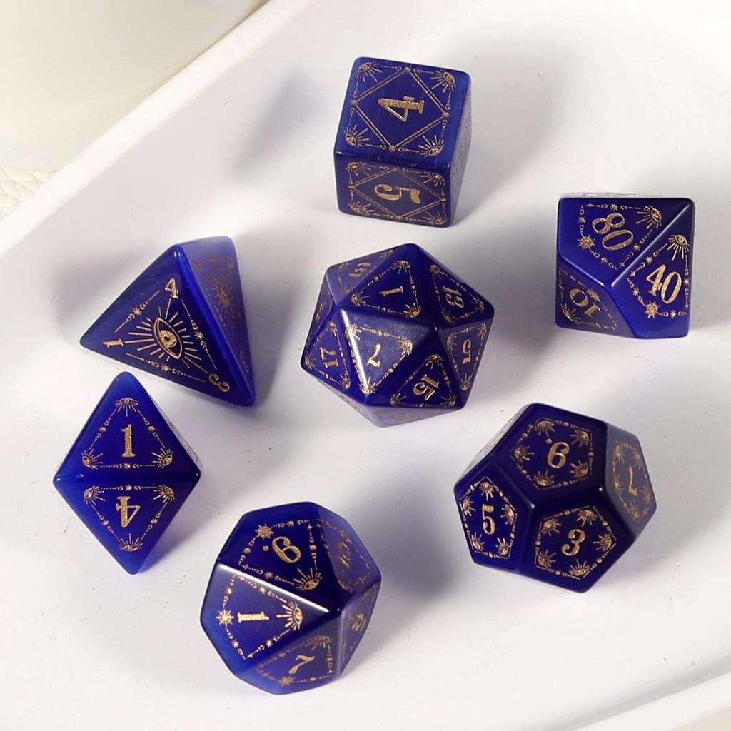 Medium Blue Cat's Eye Dice Set: Eye of Horus Pattern for Dungeons & Dragons