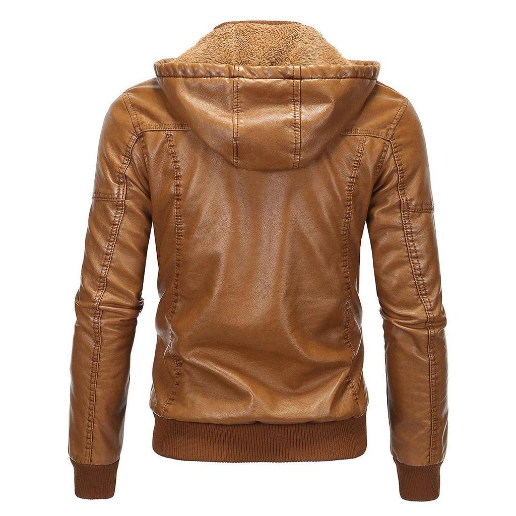 Padded Leather Jacket Men's Winter Thickening Warm Removable Cap Pu Jacket Biker Jacket