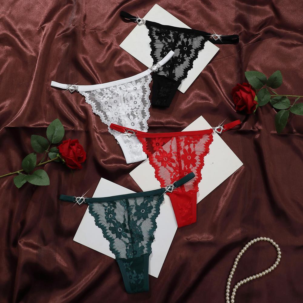 Women's Panties Heart Rhinestone Jacquard Low Waist Lace Translucent Flower Underpants Ventilate Underwear Super Comfortable