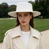 Dressy Winter Outfit Accessory Wide Brim Wool Felt Hat for Women, Vintage Flat Top Fedora Formal Dinner Party Headpiece with Faux Pearl Trim, Elegant
