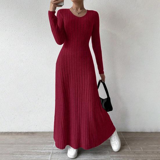 Women's Fall Sweater Dress Long Sleeve V Neck Ribbed Knit Maxi Dress Tunic Winter A Line Long Swing Dress