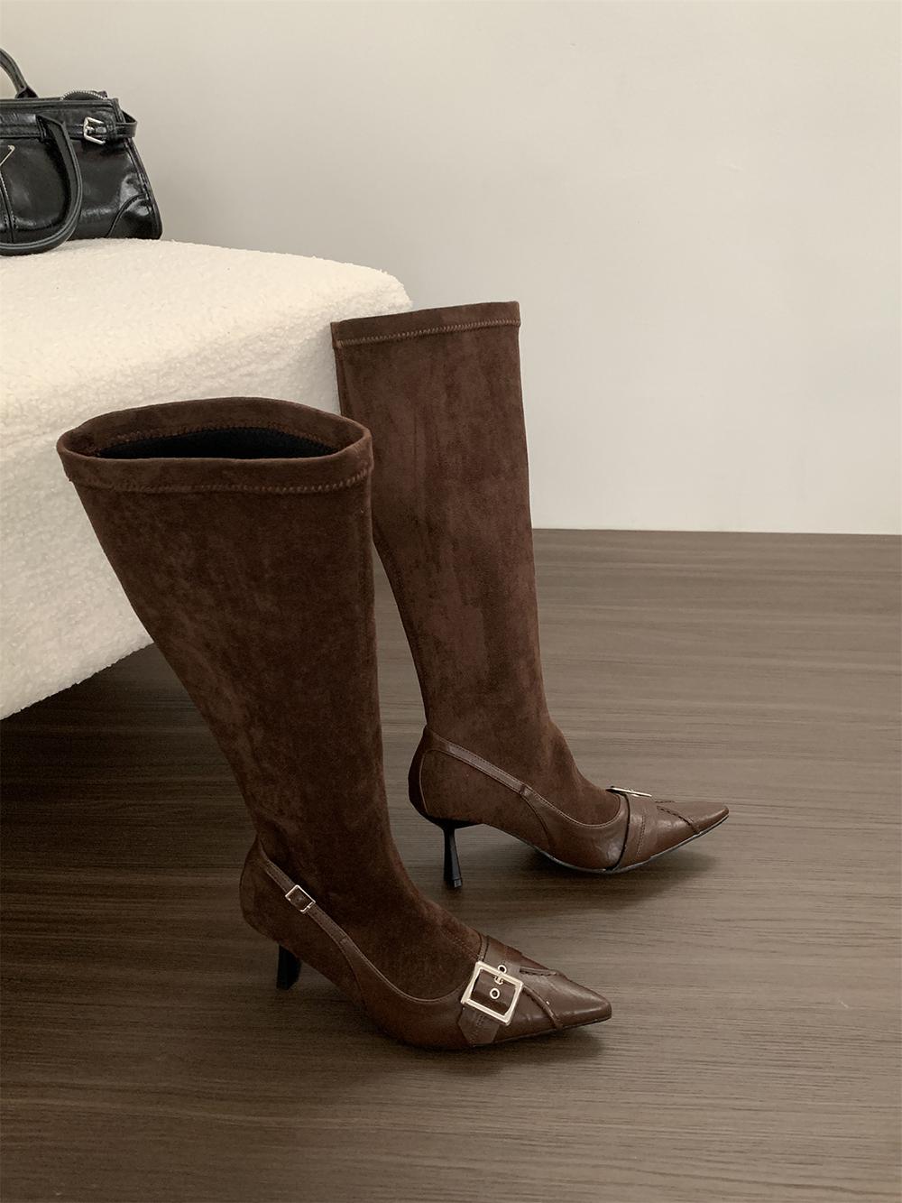 

мода 2024 Новинки Женские ботфорты-носки Тонкий высокий каблук Черный Бежевый Коричневый Пряжка ремня Шпилька Высокий каблук Туфли Ботфорты 245 коричневый