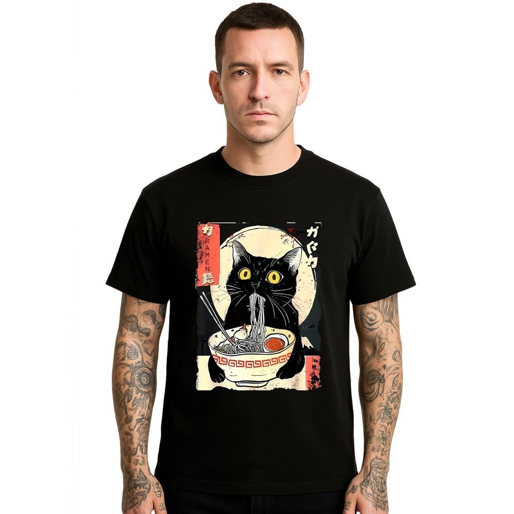 

Japanes Cat Eating Ramen Noodles Funny Anime Party Joke Mens TShirt Top Tee Unisex T-Shirt L