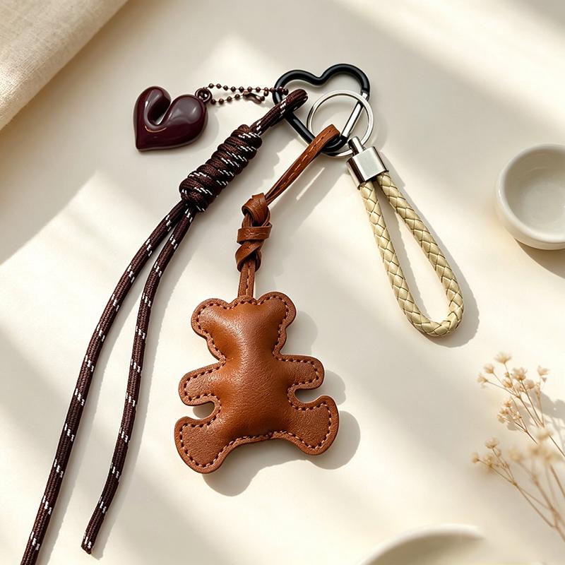 Yogodlns Cute PU Leather Bear Bag Pendant Bear Shape Cartoon Keychain Soft Stuffed Bag Charm Ornament Decoration
