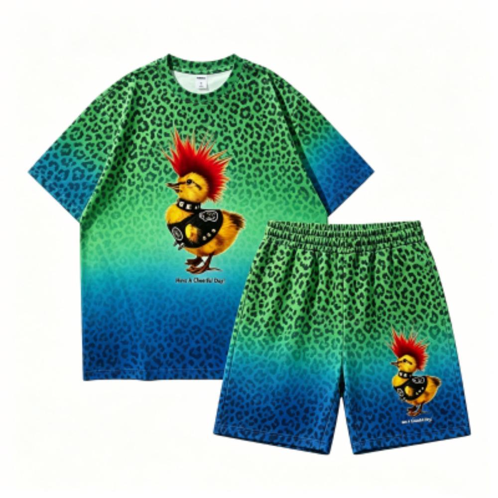 Fashion Hip Hop Chicken Printed Outdoor Street Women's T-shirt and Shorts 2 Piece Set Summer Casual Outfit Men's and Women's Sports Set