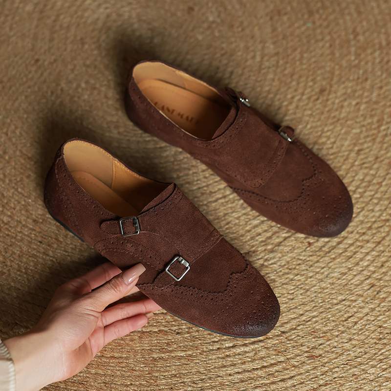 Krazing Pot Cow Skin Fashion Spring Autumn Low Heels metal buckle Oxford Shoes Women Round Toe Leisure Brogues flats